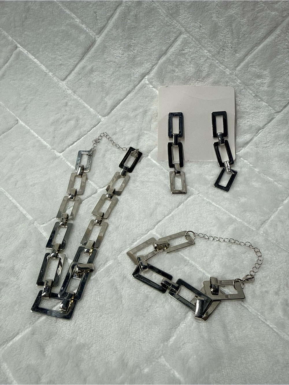 Modern Geometric Silver Link Jewelry Set - Necklace, Bracelet & Earrings
